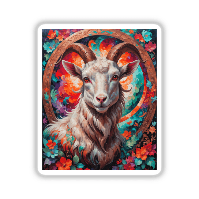 A Cute Goat With Blooming Flowers painting, showcasing a goat adorned with vibrant flowers, available as stickers or digital artwork from Decal Venue.