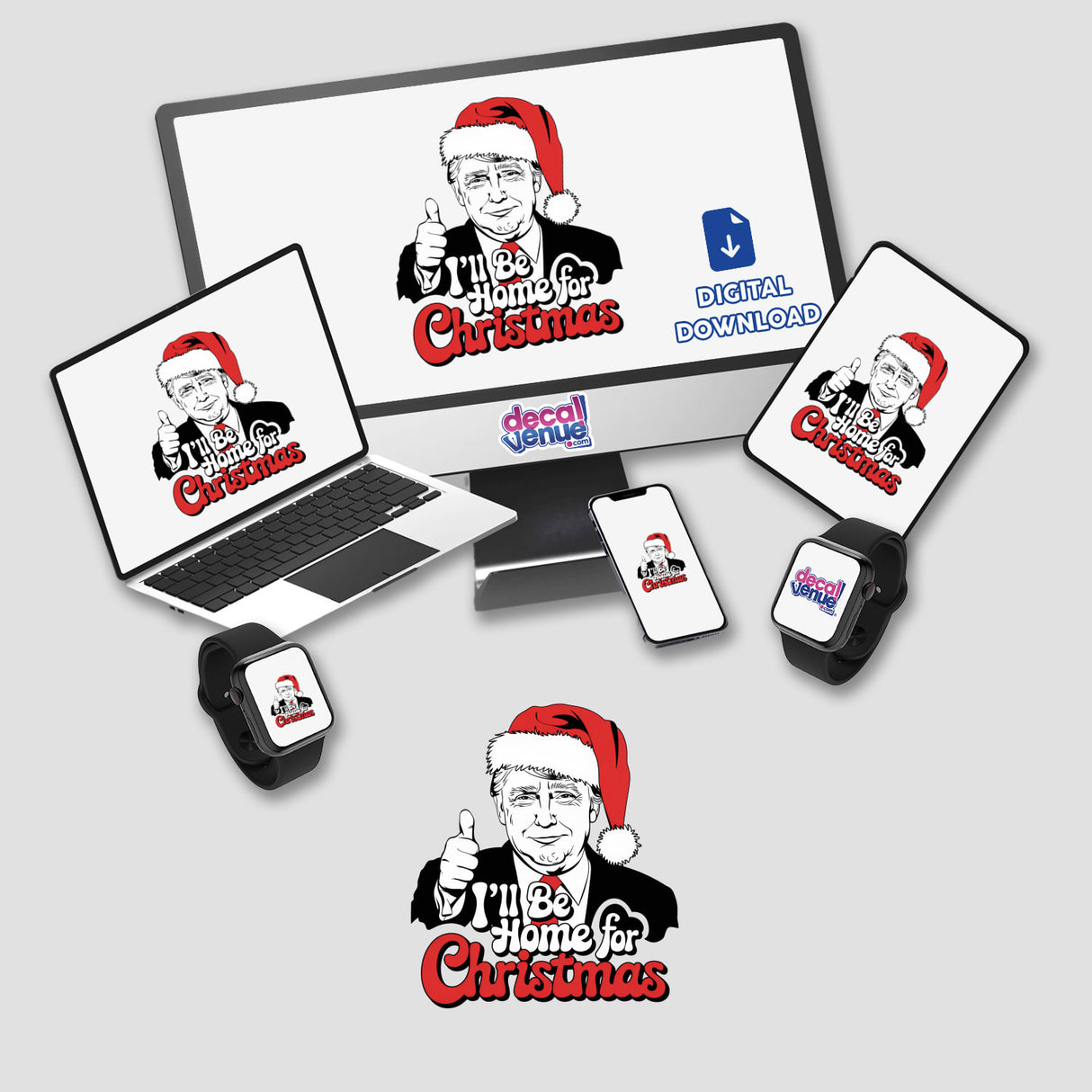 Trump in Santa Hat, I'll be Home for Christmas MAGA IV sticker, featuring a cartoon of Trump in a Santa hat on various devices, ideal for festive digital artwork.