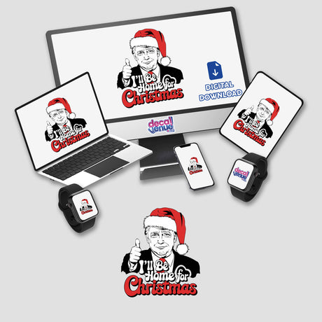 Trump in Santa Hat, I'll be Home for Christmas MAGA IV sticker, featuring a cartoon of Trump in a Santa hat on various devices, ideal for festive digital artwork.