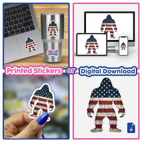 American Sasquatch sticker collage featuring a laptop and cup, showcasing a cartoon Bigfoot with a flag, available as vinyl stickers or digital artwork from Decal Venue.