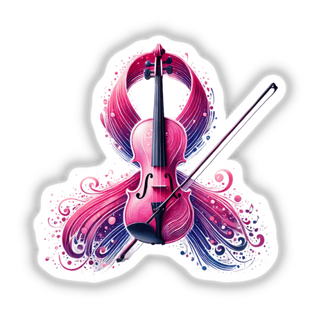 Violin Pink Ribbon Breast Cancer design featuring a pink and purple violin with a bow, available as stickers or digital artwork.