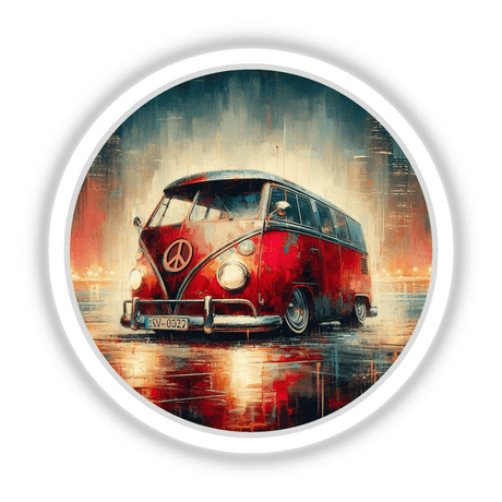 V-Dub red van sticker featuring a prominent peace sign, available as a unique sticker or digital artwork from Decal Venue.