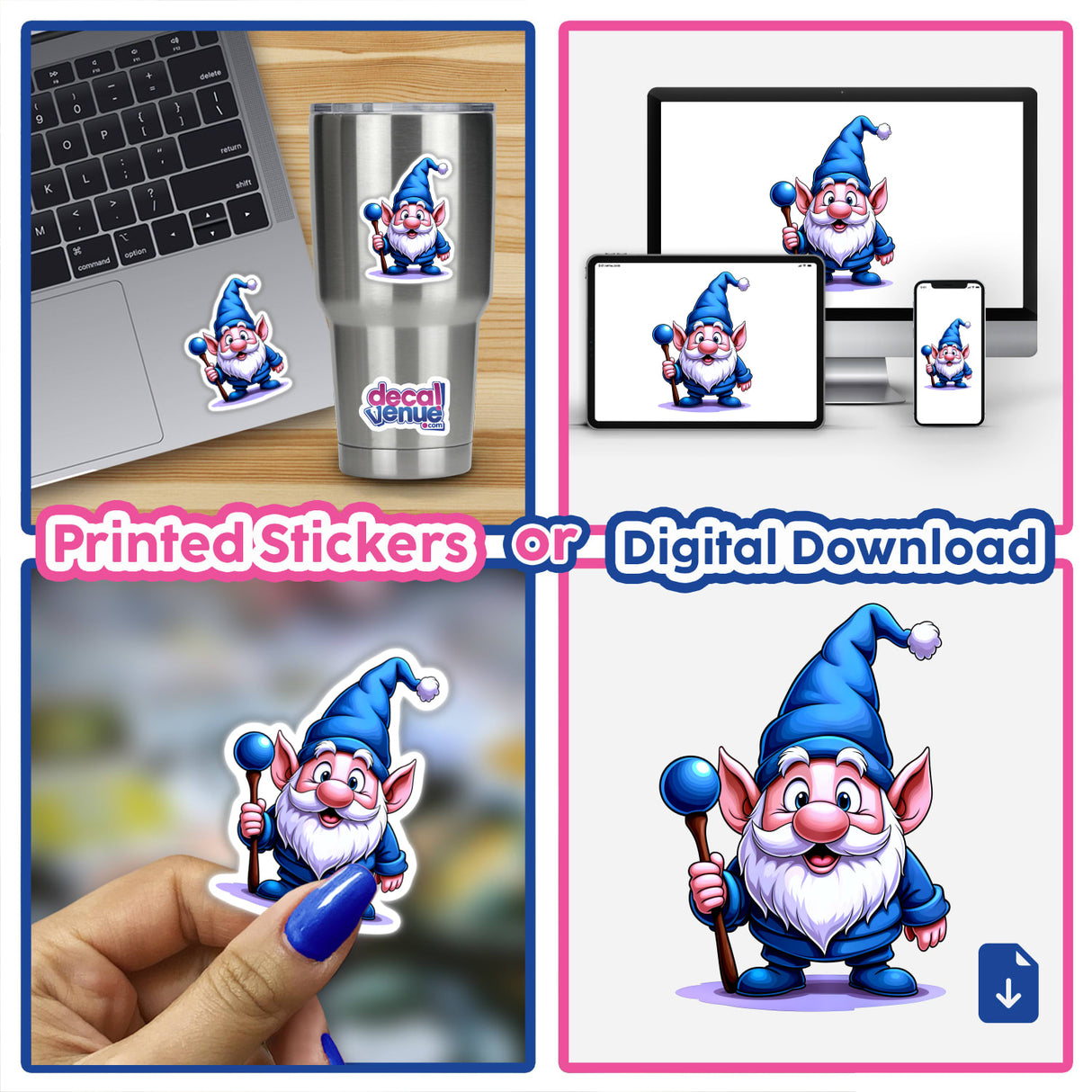 Funny Magical Gnome collage featuring cartoon gnomes holding staffs, available as stickers or digital artwork from Decal Venue, showcasing unique vinyl stickers and digital art offerings.