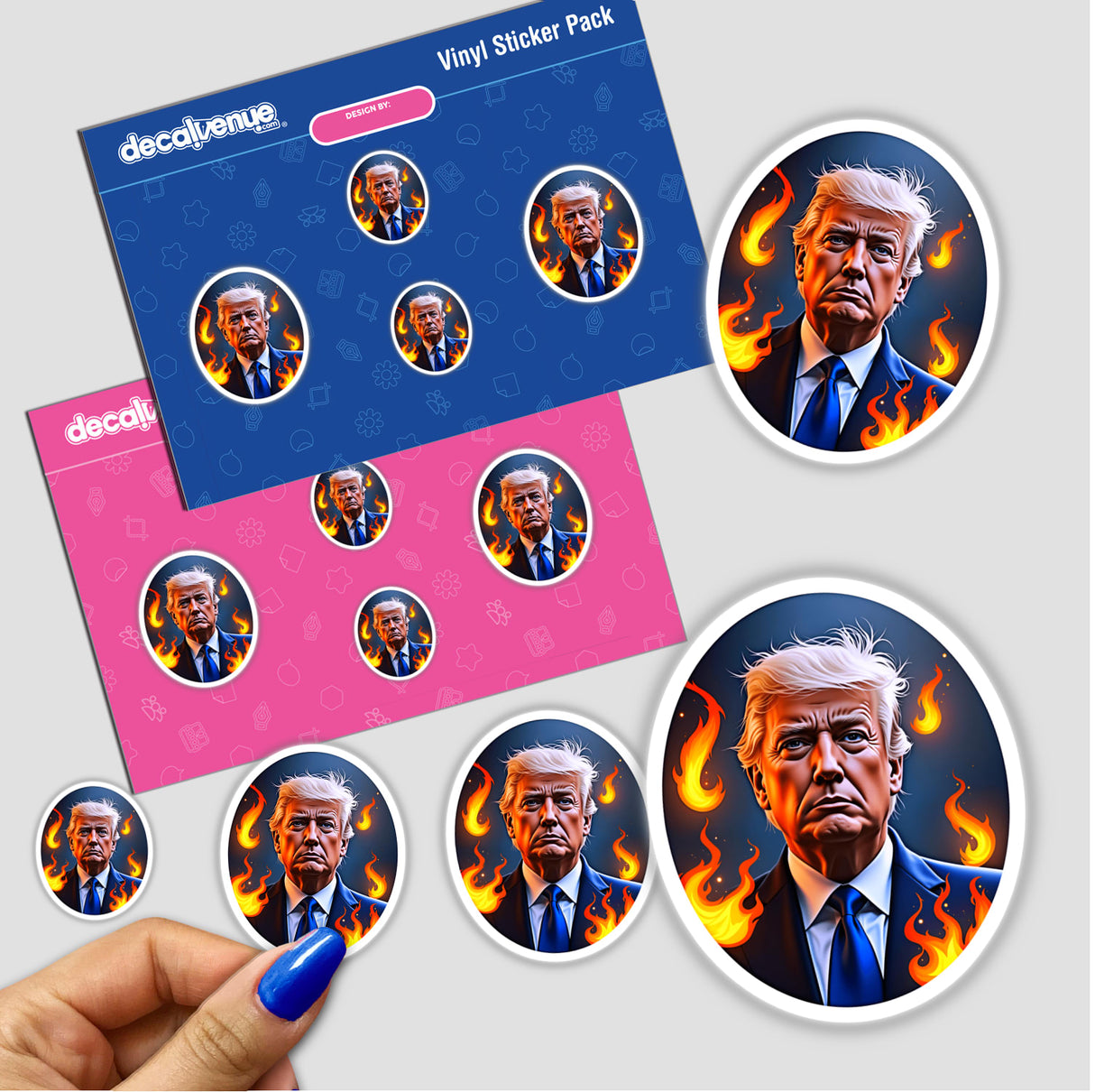 Sticker featuring President Donald Trump in a suit and tie, surrounded by flames, capturing a bold and dynamic design. Available as stickers or digital artwork from Decal Venue.