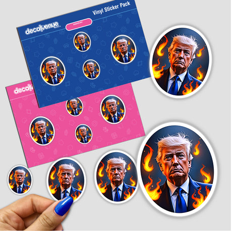 Sticker featuring President Donald Trump in a suit and tie, surrounded by flames, capturing a bold and dynamic design. Available as stickers or digital artwork from Decal Venue.