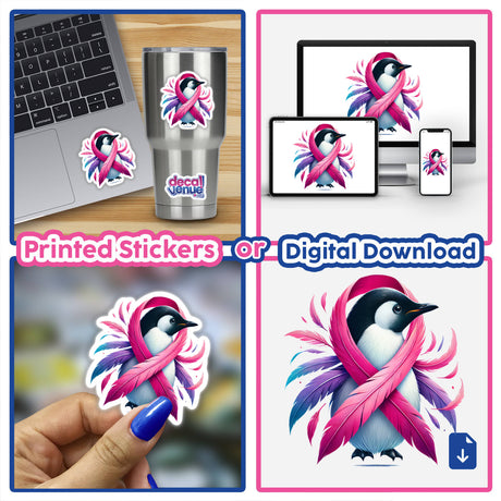 Penguin Pink Ribbon Breast Cancer collage featuring stickers and digital artwork of a penguin with pink feathers and ribbon, suitable for laptops and phones.