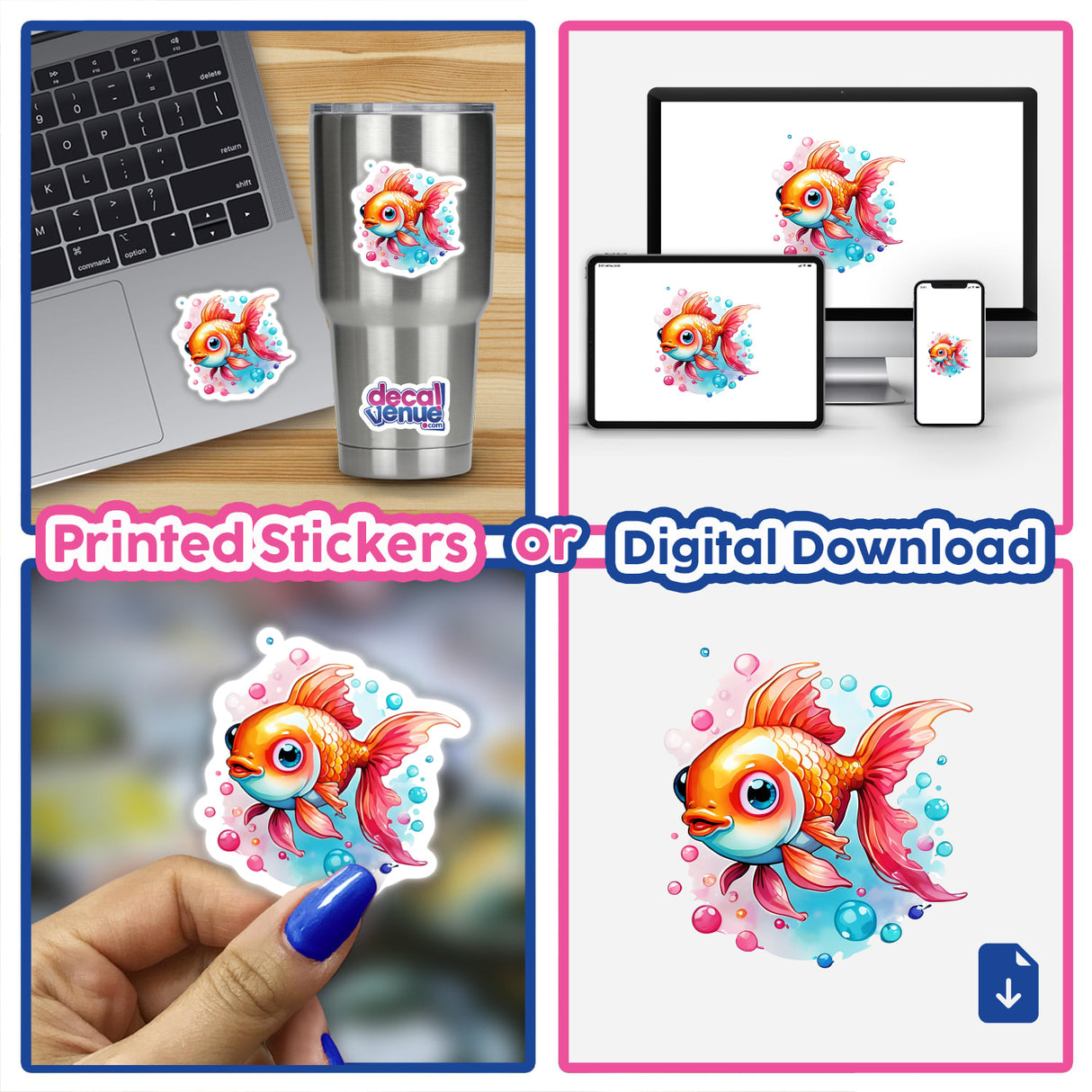 Bubbly Goldfish: Cute Watercolor Vector Art Sticker displayed on a laptop and held in a hand, showcasing a cartoon goldfish with pink fins and bubbles.