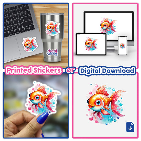 Bubbly Goldfish: Cute Watercolor Vector Art Sticker displayed on a laptop and held in a hand, showcasing a cartoon goldfish with pink fins and bubbles.