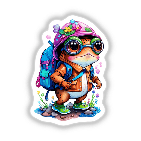 Hitchhiking Froggy: Cute Kawaii Brown Frog with Floral Splash Sticker featuring a cartoon frog wearing a backpack, glasses, and surrounded by colorful flowers. Available as stickers or digital artwork.