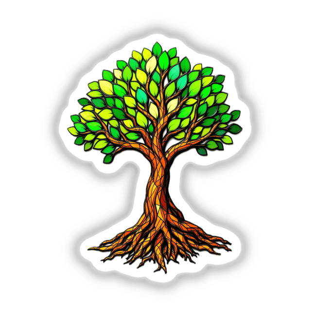 Tree of Life Stained Glass Style, featuring intricate green leaves and roots, available as unique stickers or digital artwork, reflecting Decal Venue's artistic flair.