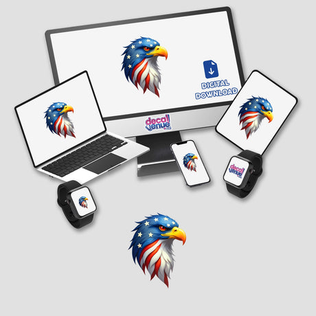 A Cool American Flag Eagle depicted on a computer monitor and laptop screen, available as stickers or digital artwork.