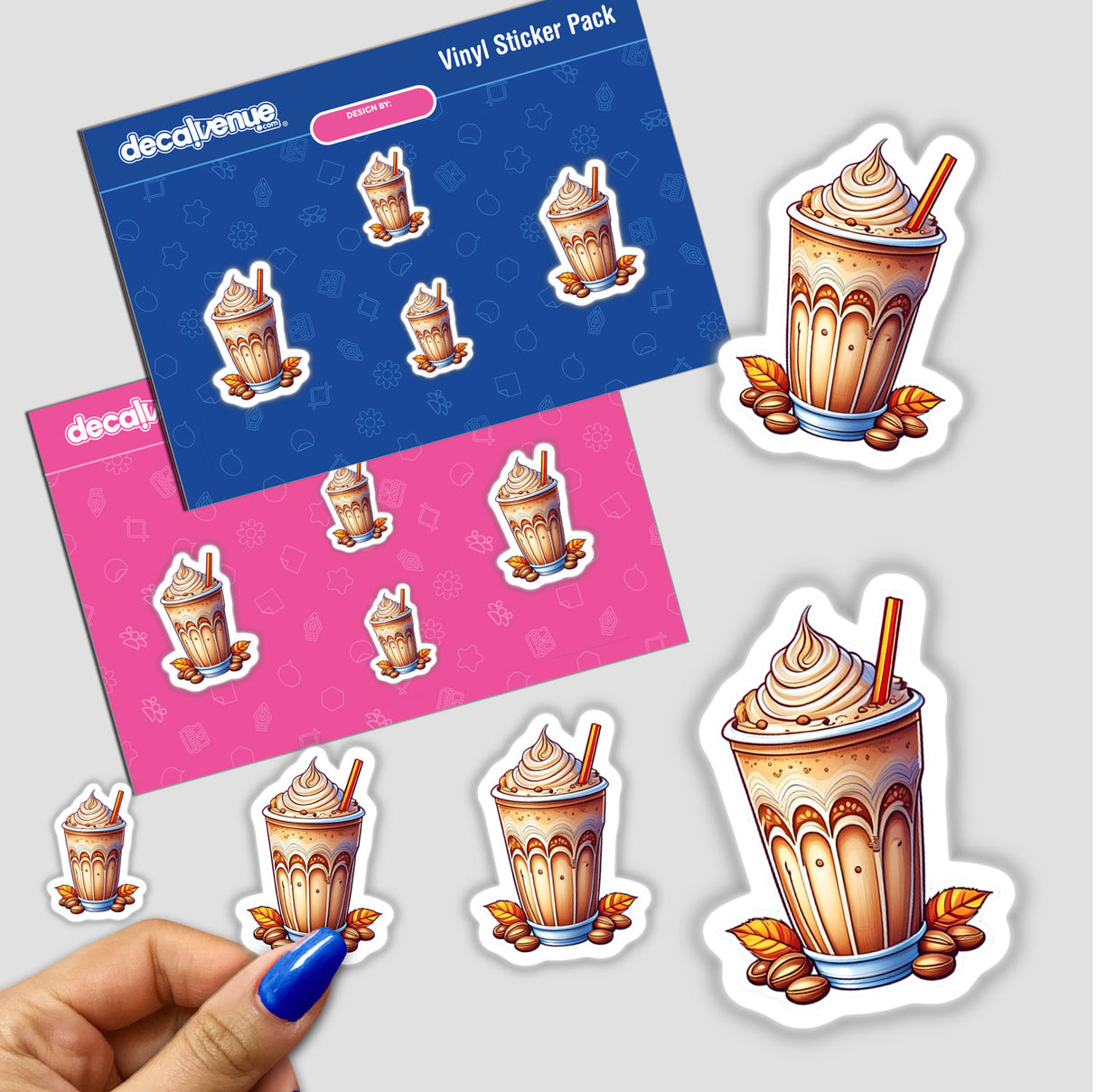 Delicious frappuccino digital stickers featuring whipped cream and coffee bean accents, available for creative expression from Decal Venue's artful collection.