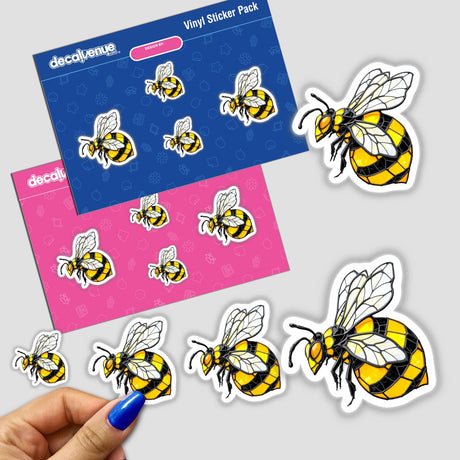 Bee Stained Glass Style stickers featuring intricate bee designs. Perfect for adding a touch of artistic flair, these stickers showcase detailed bee illustrations. Available as physical stickers or digital artwork.