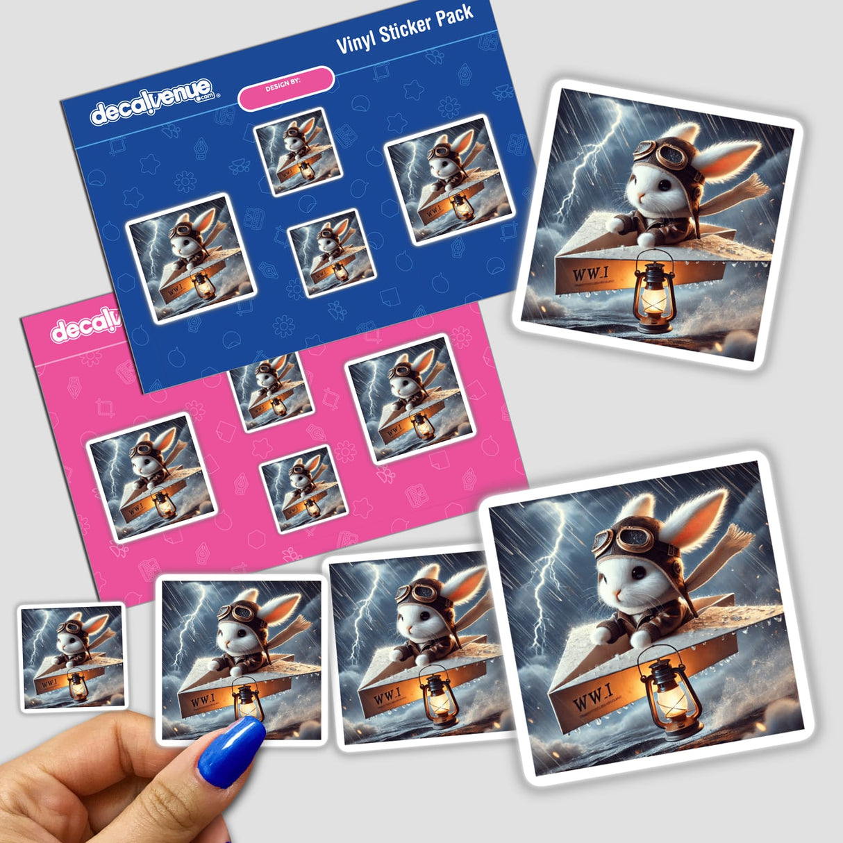 Snowflake, The Paper Aviator: a sticker pack featuring a cartoon rabbit in a pilot hat flying on a paper plane, capturing whimsical aviation adventures. Available as stickers or digital artwork.