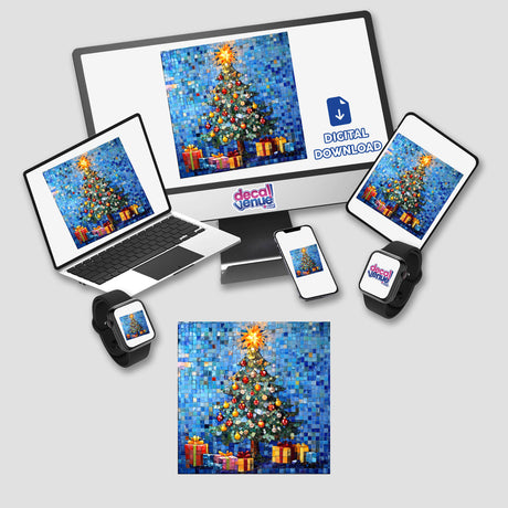 Computer monitor and laptop displaying a Christmas Tree with Ornaments and Gifts Mosaic, available as Stickers or Digital Artwork from Decal Venue.