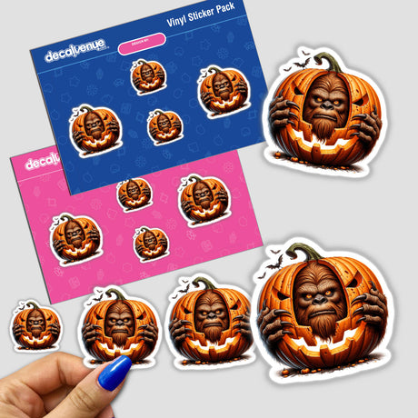 Sasquatch peering out of carved pumpkin Halloween digital artwork stickers