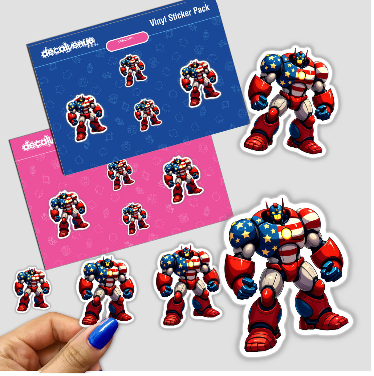 Sticker pack featuring a Cool American Flag Army Robot cartoon. Includes various robot designs, showcasing unique vinyl sticker art from Decal Venue. Available as stickers or digital artwork.