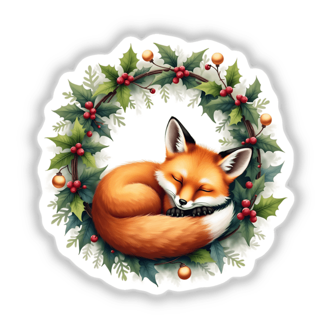 Sleeping Fox in a Christmas Wreath; a serene fox curled up within a festive wreath, available as stickers or digital artwork from Decal Venue, known for unique creations.