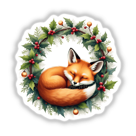 Sleeping Fox in a Christmas Wreath; a serene fox curled up within a festive wreath, available as stickers or digital artwork from Decal Venue, known for unique creations.