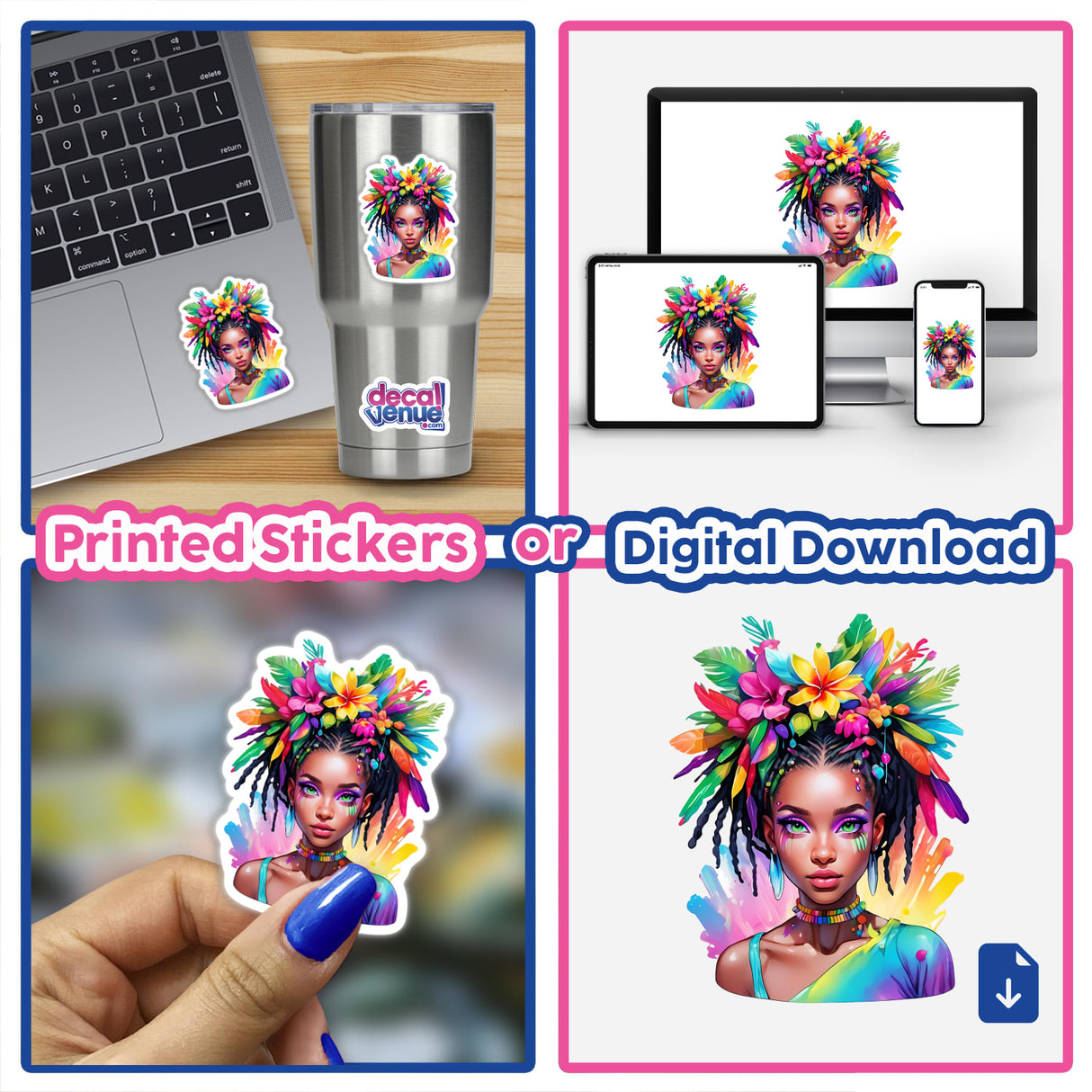 Tribal Pop Art Sticker - Dreads & Floral Futuristic Female Portrait featuring a woman with colorful hair and flowers, shown on various items like laptops and cups. Available as stickers or digital artwork.