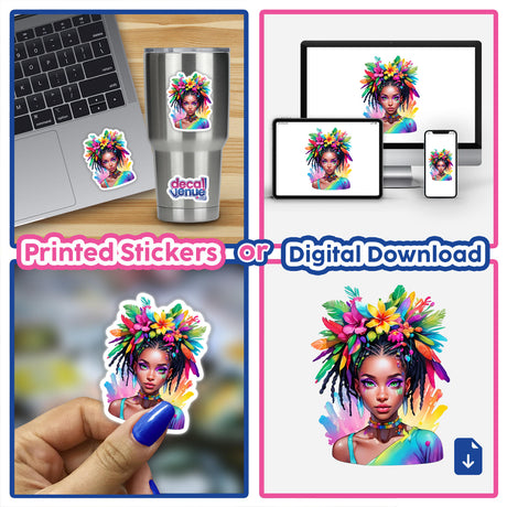 Tribal Pop Art Sticker - Dreads & Floral Futuristic Female Portrait featuring a woman with colorful hair and flowers, shown on various items like laptops and cups. Available as stickers or digital artwork.