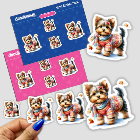 Time for Sweater Season Yorkie Dog sticker pack featuring a Yorkie in a sweater and scarf, with a hand holding one sticker, perfect for unique sticker collections or digital art enthusiasts.