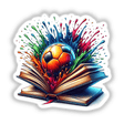 Soccer Ball Bursting from an Open Book with Colorful Splashes: A dynamic vinyl sticker or digital artwork showcasing a soccer ball emerging from a book, surrounded by vibrant splashes, symbolizing creativity and sport.