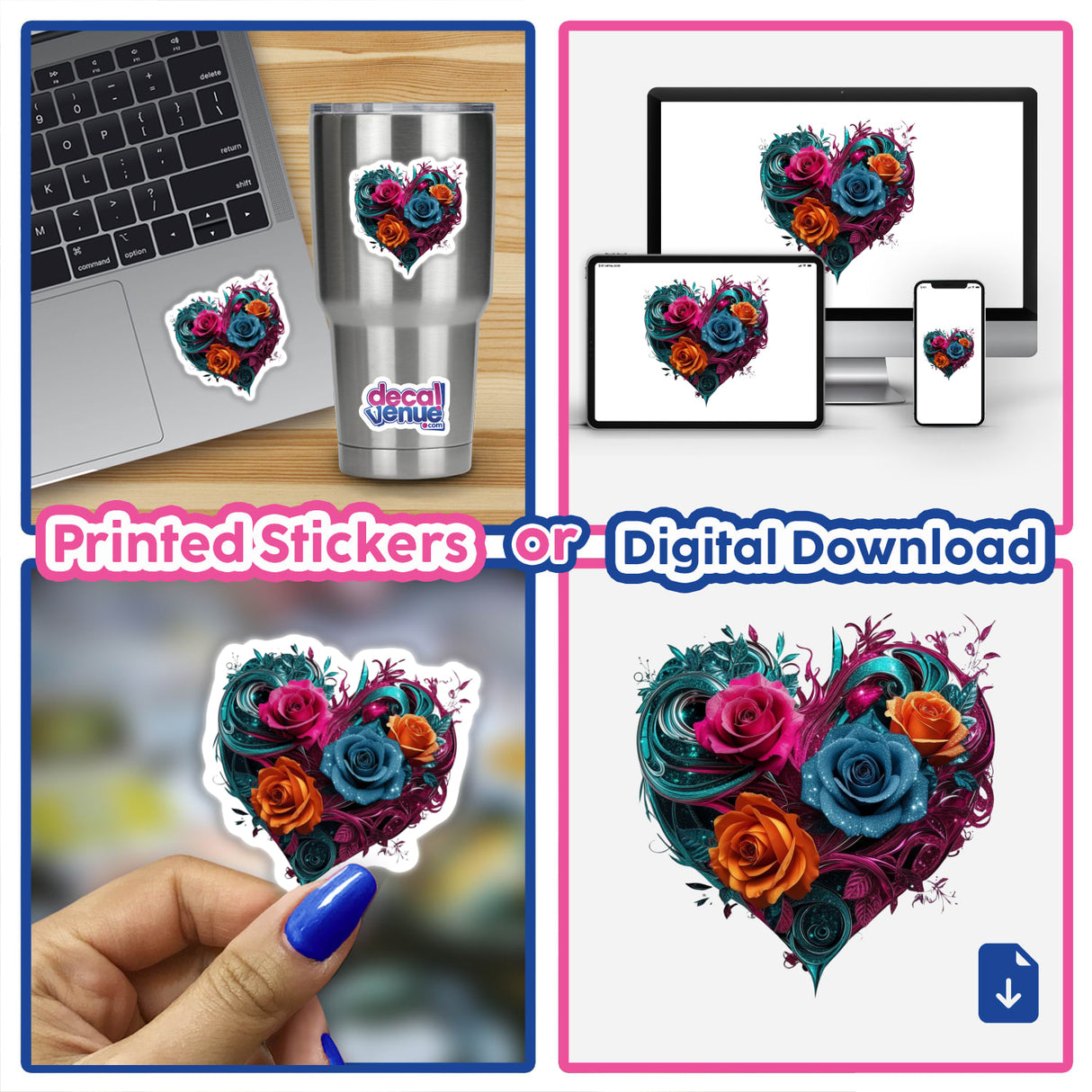 Teal and Magenta Heart with Pink Blue and Orange Roses sticker collage, featuring applications on a cup and laptop, showcasing vibrant, unique designs available as stickers or digital artwork.