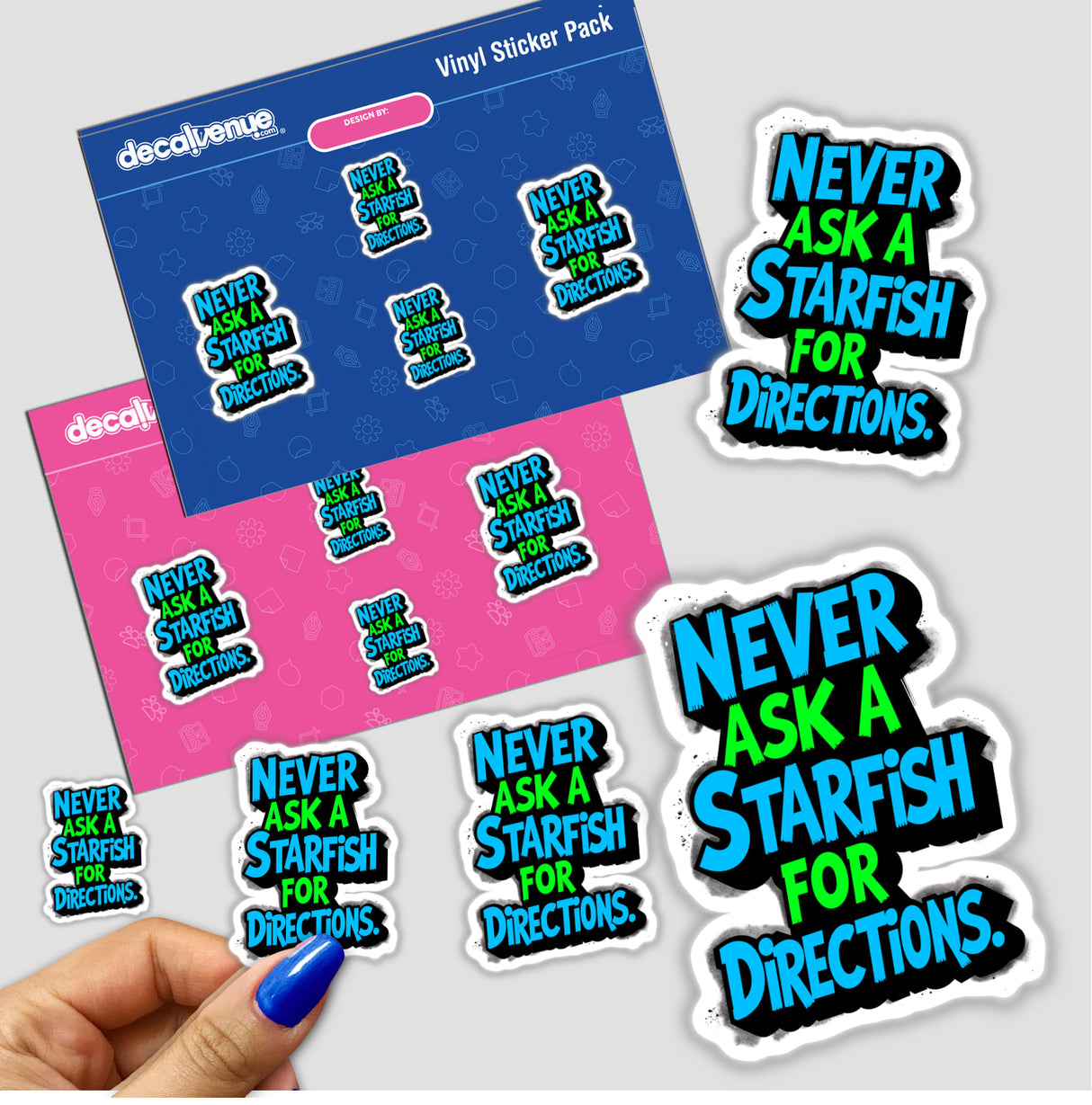 Never Ask A Starfish For Directions Funny Quote sticker, featured among a group of humorous and quirky designs, perfectly represents Decal Venue's unique sticker collection.