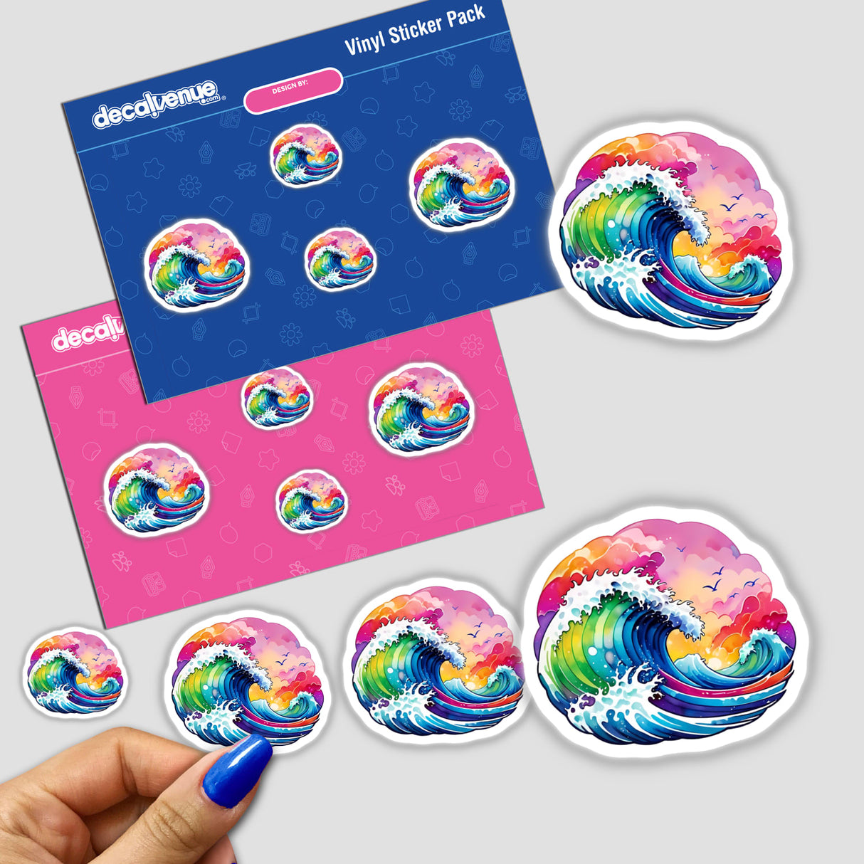 Rainbow Waves: Crashing Waters sticker, featuring a hand-held, colorful wave design with clouds and birds, showcased on a white surface.