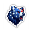 A Cool American Flag Bear cartoon with stars and stripes design, available as stickers or digital artwork from Decal Venue, specializing in unique stickers and digital art.