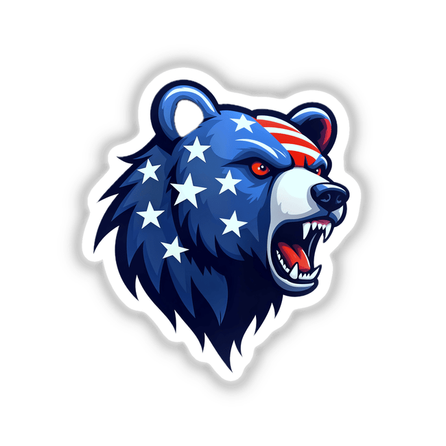 A Cool American Flag Bear cartoon with stars and stripes design, available as stickers or digital artwork from Decal Venue, specializing in unique stickers and digital art.