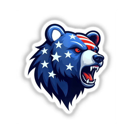 A Cool American Flag Bear cartoon with stars and stripes design, available as stickers or digital artwork from Decal Venue, specializing in unique stickers and digital art.