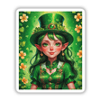 Cartoon of a girl in a green dress and hat, titled A Cute St. Patrick's Day Girl, available as stickers or digital artwork from Decal Venue.