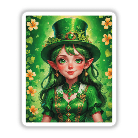 Cartoon of a girl in a green dress and hat, titled A Cute St. Patrick's Day Girl, available as stickers or digital artwork from Decal Venue.