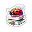 Ladybug on Books: Adorable Sticker Design featuring a cartoon ladybug perched atop a stack of books, surrounded by flowers. Available as stickers or digital artwork from Decal Venue.