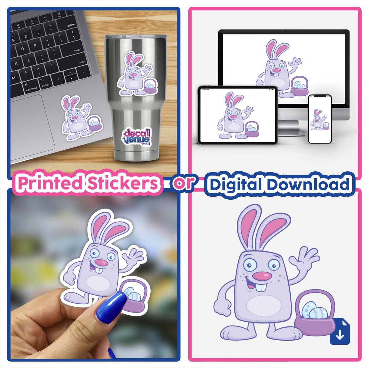 Easter Bunny sticker collage featuring a cartoon rabbit with a basket of eggs and big smile, ideal for laptops and cups, available at Decal Venue.