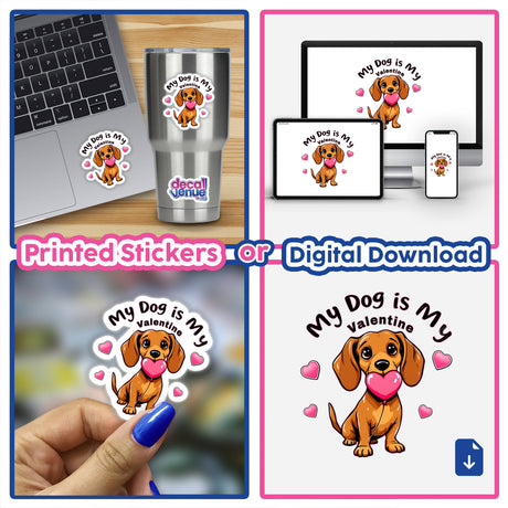 Valentine Dog Love stickers and digital download featuring a cartoon dog holding a heart-shaped balloon, perfect for laptops or cups, showcasing Decal Venue's unique vinyl and digital artwork.