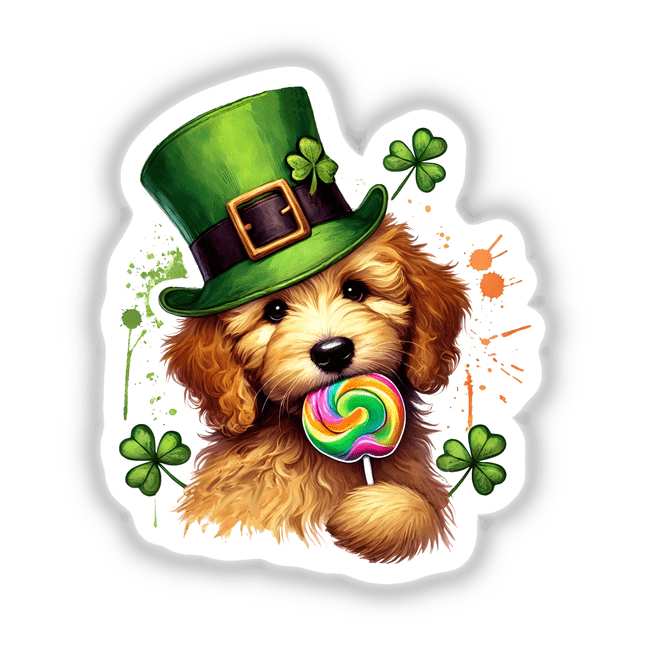 St Patricks Goldendoodle Dog Eating Lollipop: A whimsical cartoon of a Goldendoodle wearing a hat and enjoying a lollipop, available as unique stickers or digital artwork from Decal Venue.