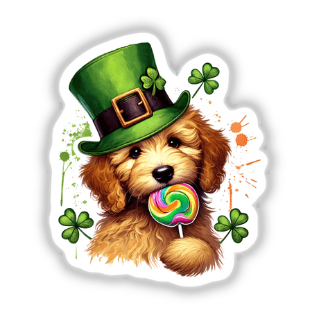 St Patricks Goldendoodle Dog Eating Lollipop: A whimsical cartoon of a Goldendoodle wearing a hat and enjoying a lollipop, available as unique stickers or digital artwork from Decal Venue.