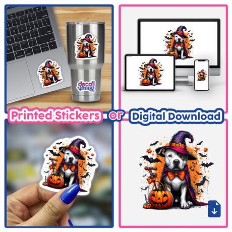 Halloween Dracula Pitbull Dog Trick or Treat stickers featuring a pitbull in a hat, bow tie, and garment beside a laptop with the same sticker for a festive touch.