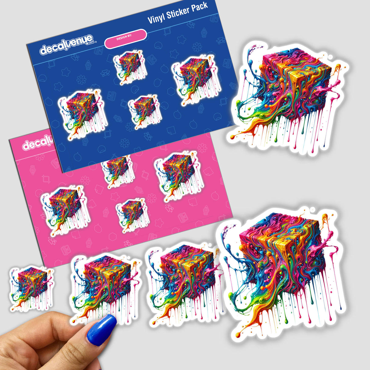 Rainbow Melting Cube Art sticker pack, featuring psychedelic dripping abstract geometric shapes, held in hand. Perfect for unique stationary or digital art enthusiasts.