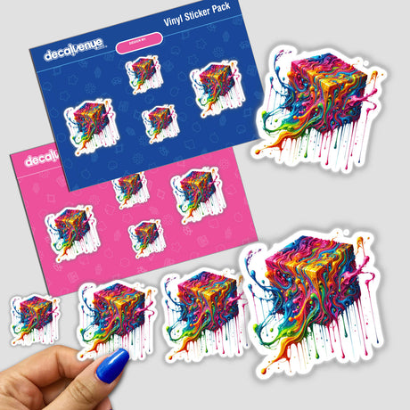 Rainbow Melting Cube Art sticker pack, featuring psychedelic dripping abstract geometric shapes, held in hand. Perfect for unique stationary or digital art enthusiasts.