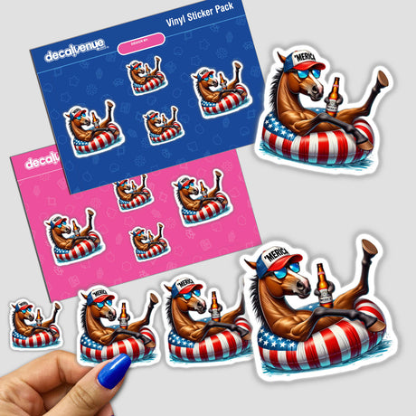 Colorful digital artwork of a Saddlebred horse wearing American flag-themed float or tube, with stickers featuring similar designs, showcasing the product from the Decal Venue store.