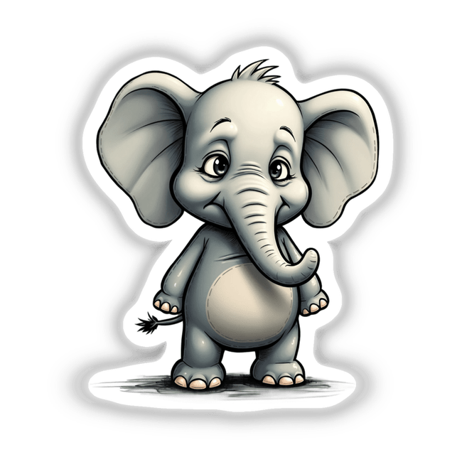 Cute Cartoon Baby Elephant with Big Ears, available as stickers or digital artwork, featuring a playful, wide-eyed baby elephant illustration with prominent ears and expressive eyes. Perfect for animal lovers and nursery decor.