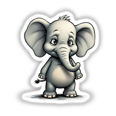 Cute Cartoon Baby Elephant with Big Ears, available as stickers or digital artwork, featuring a playful, wide-eyed baby elephant illustration with prominent ears and expressive eyes. Perfect for animal lovers and nursery decor.