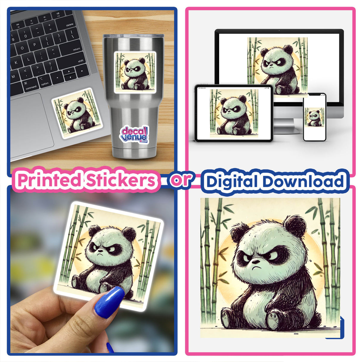 Collage featuring a laptop with a sticker of a frowning panda in a bamboo forest, and a hand displaying a similar panda artwork.