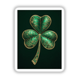 Opulent Shamrock – Green Clover with Gold and Gemstone Accents, depicted as intricate stickers or digital artwork, featuring a detailed green and gold shamrock design, ideal for unique decoration.