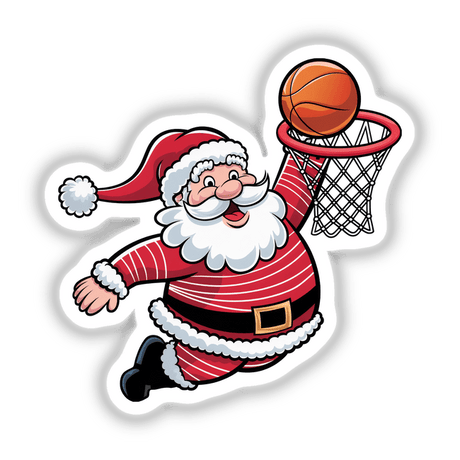 Santa Claus Basketball Hoops: Cartoon Santa in a red striped shirt with a white beard playfully interacts with a basketball hoop, available as unique stickers or digital artwork from Decal Venue.