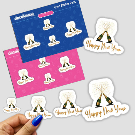 Happy New Year Celebration sticker pack featuring colorful champagne bottles and festive elements, visible in a hand with blue nail polish, perfect for unique decoration or digital art.